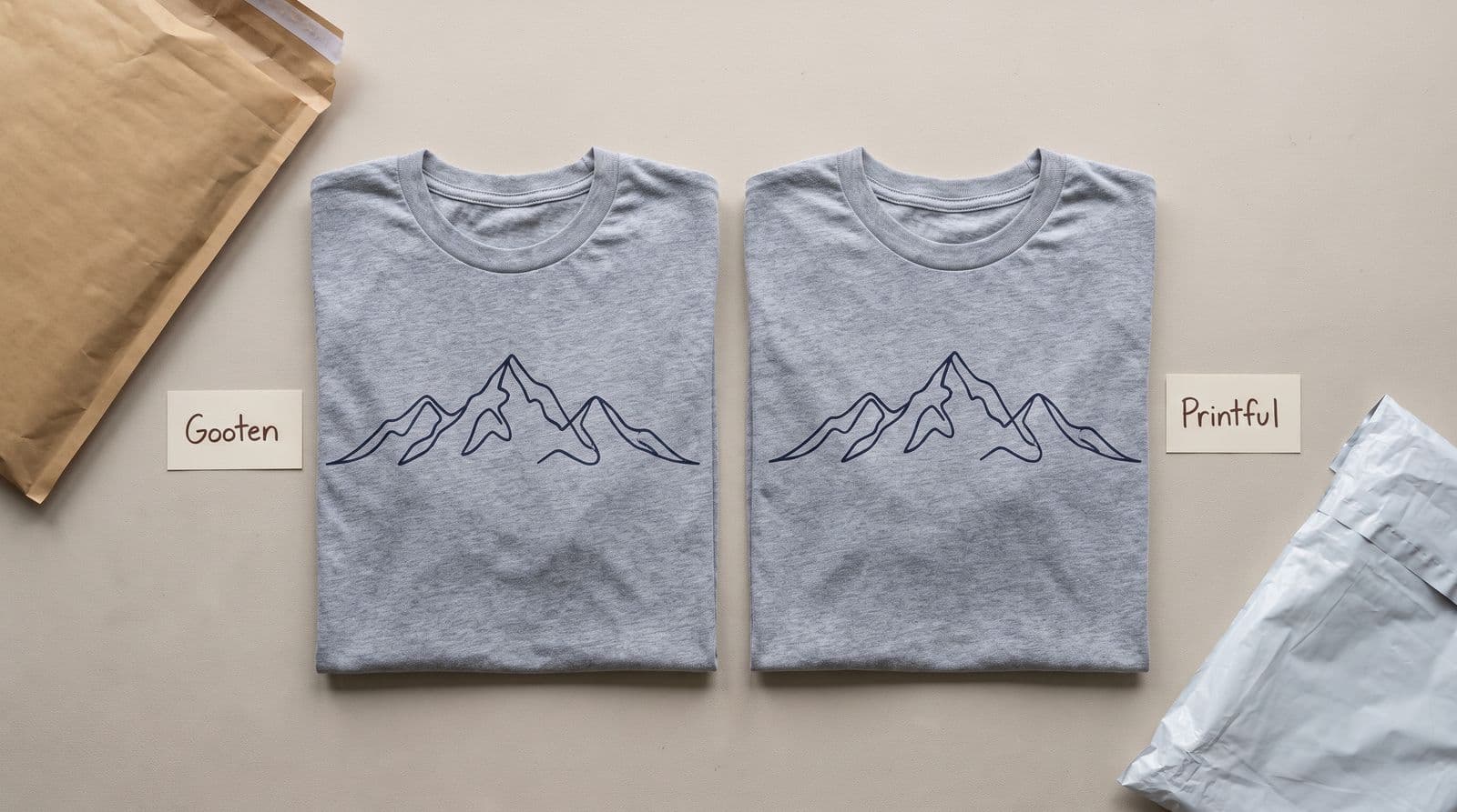 Two heather-grey t-shirts with identical mountain range prints laid side-by-side on a work surface, each with a small handwritten paper tag labeled Gooten and Printful respectively.