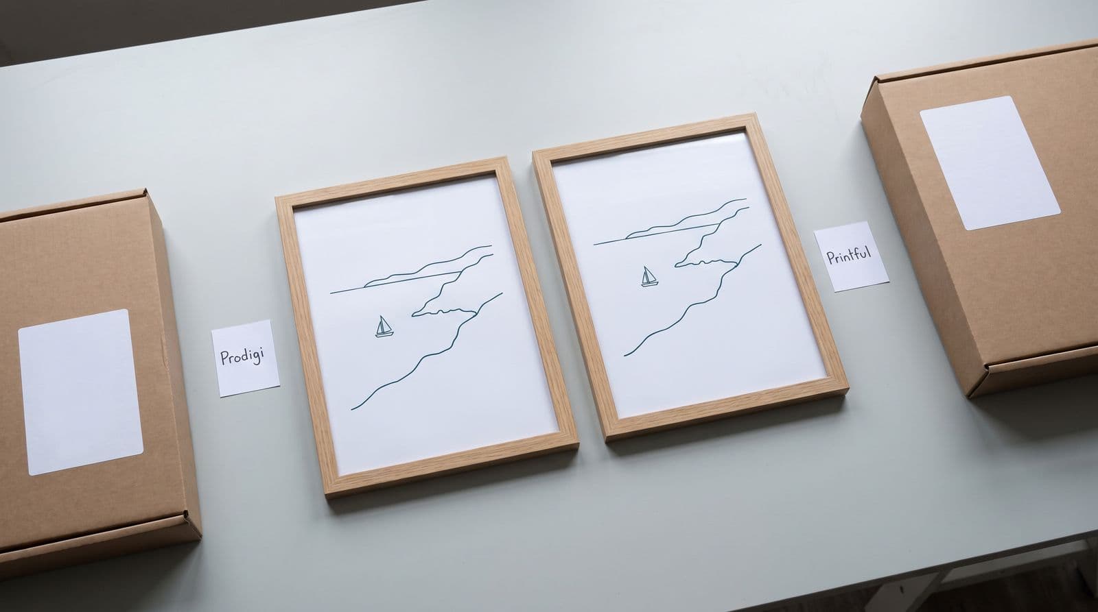 Two identical framed coastal line-art prints lay side-by-side on a pale work surface, each identified by a small handwritten tag labeled Prodigi and Printful respectively, next to two blank shipping cartons.